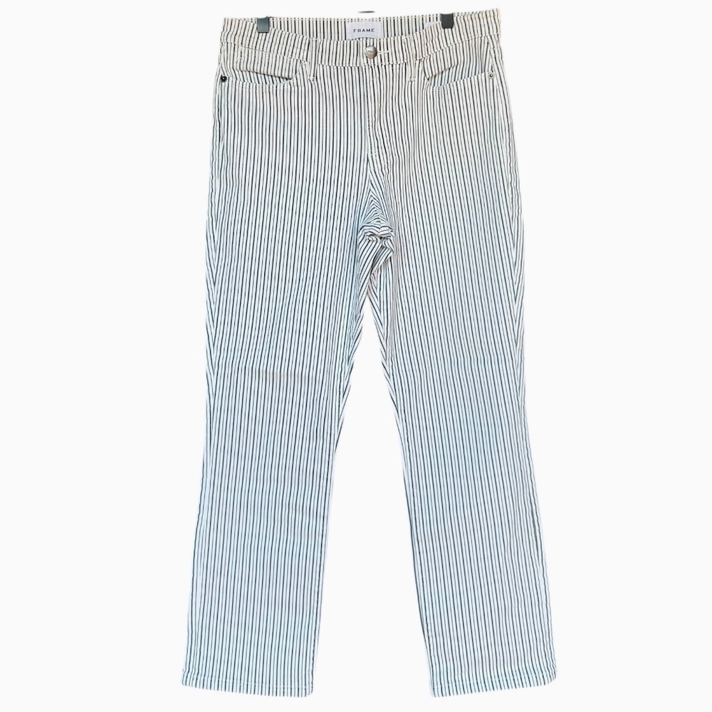 FRAME Le High Straight Jeans Multi Blanc White and‎ Blue Pinstripes Sz 30